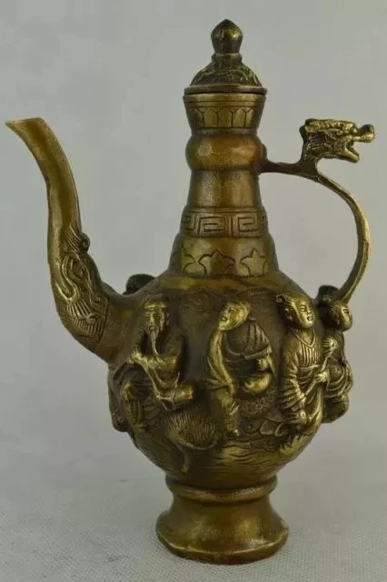 6.75 بوصة / إبريق شاي من النحاس الصيني القديم المنحوت يدويًا بثمانية إبريق شاي تنين خالد