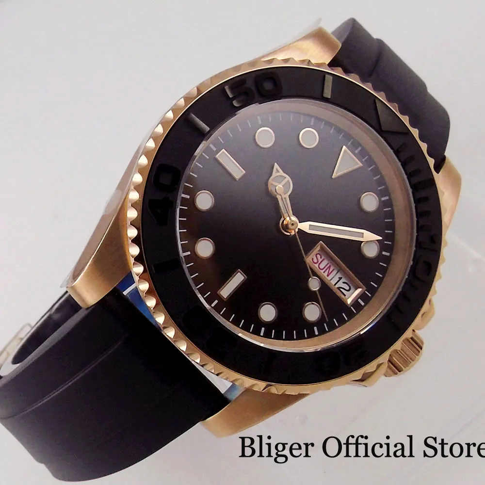 BLIGER NH36A WEEKDAY Date Rose Gold Coated Selfwinding Men Watch Flat Sapphire Glass Rubber Band Black Insert