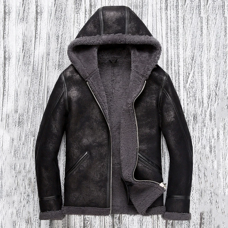Denny&Dora Men's Shearling Jacket - Black Hooded Bomber Style, Short Sheepskin Leather Coat with Fur Lining