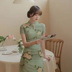 새로운 여자 개선 Cheongsam 우아한 복고풍 인쇄 드레스 여름 동양 Qipao 파티 2021 긴 녹색 Cheongsam