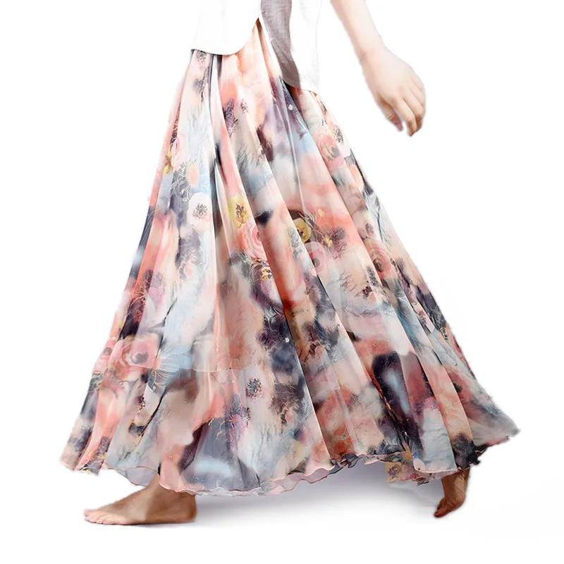 Women Fashion Florals Print Long Skirt Female Boho Style Elastic High Waist Chiffon Casual Beach Skirts Saias 19 Color Summer