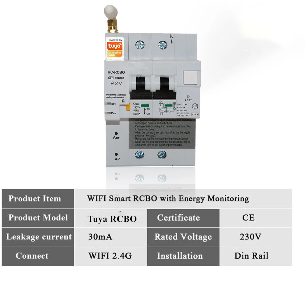 Tuya Smart APP RCBO interruttore automatico con monitoraggio della potenza 2P 16A-100A WiFi RCBO MCB corrente di dispersione protezione da