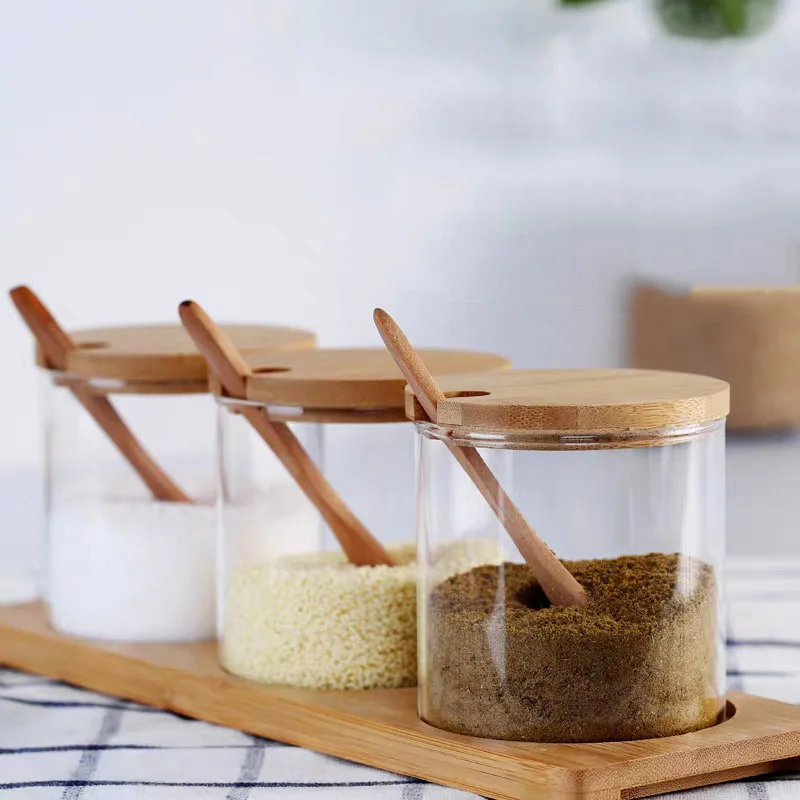 

European Style Kitchen Glass Seasoning Jar Set Sugar Salt Seasoning Jar with Wooden Lid Spoon Seasoning Tool Seasoning Container