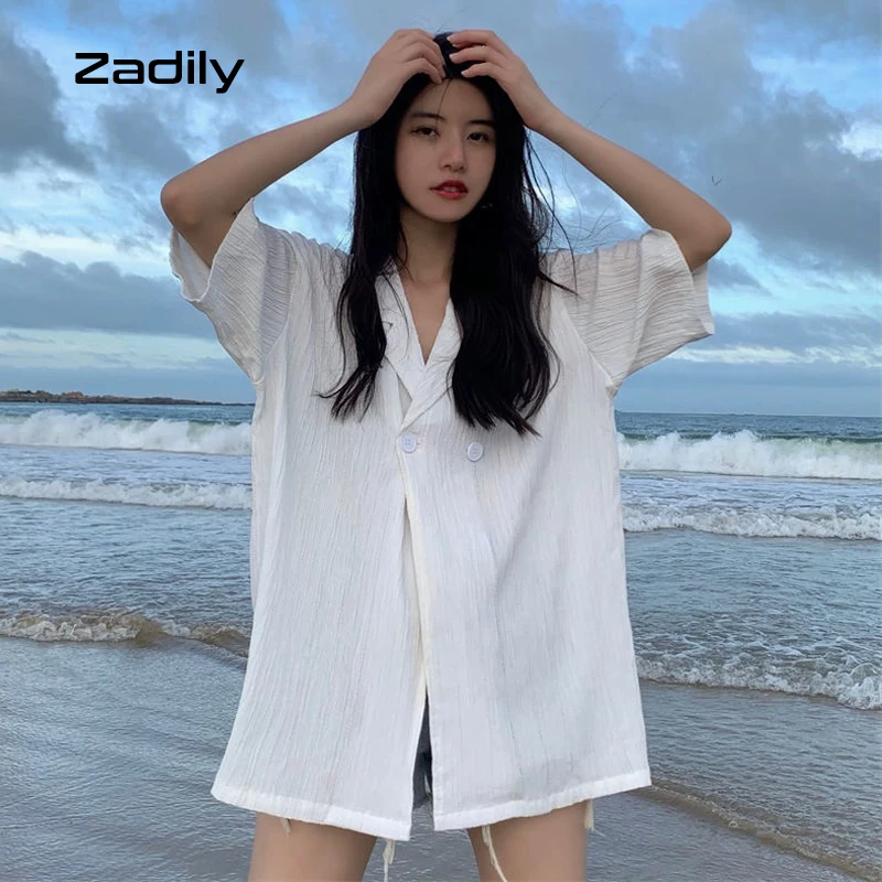 2022 Summer Short Sleeve Button Chiffon Women Shirt Korean style Stripe Loose Ladies Blouse Beach Vacation Female Clothes Tops