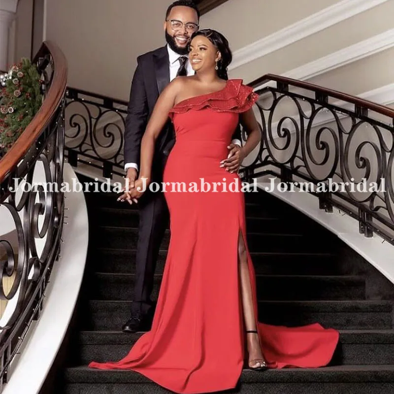 

Ruffles One Shoulder Evening Dresses Stretch Satin Side Split Red Mermaid Long Prom Gowns Robe Longue Femme Bodycon Dress