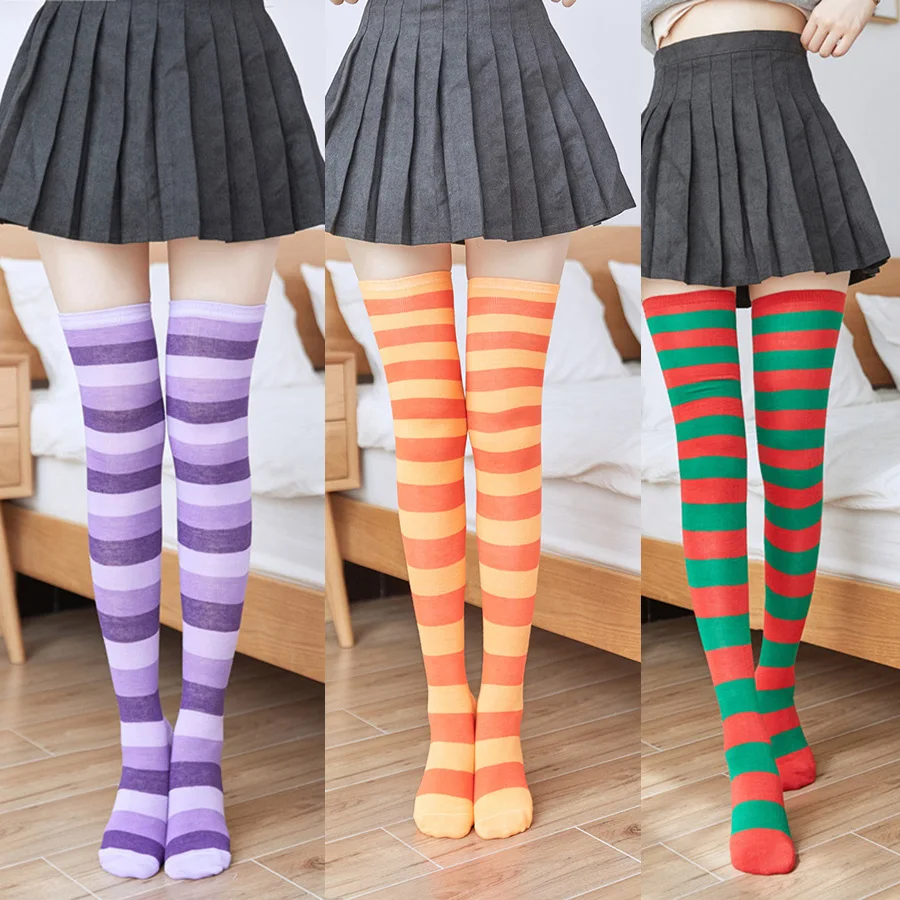 3 Pairs/Lot Women Stockings Socks Colorful Stripes Over Knee Cotton Sexy Slim Cosplay Show Ladies Girls Christmas Halloween Gift