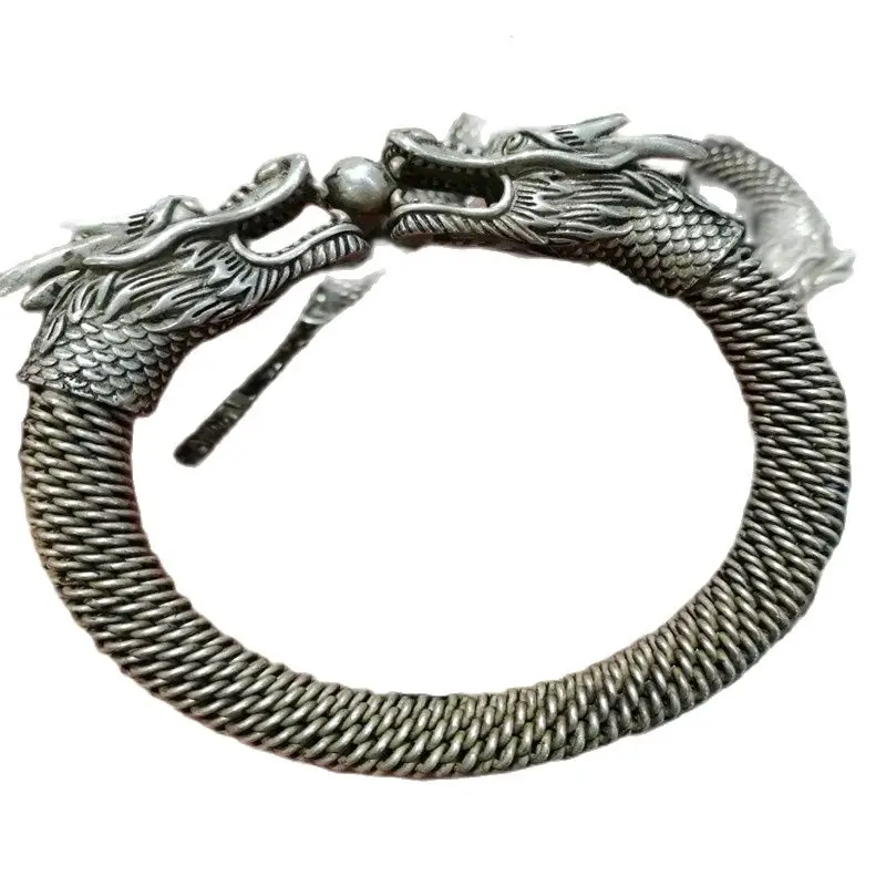 Collection China Tibetan Silver Carved Double Headed Dragon Silver Bracelet