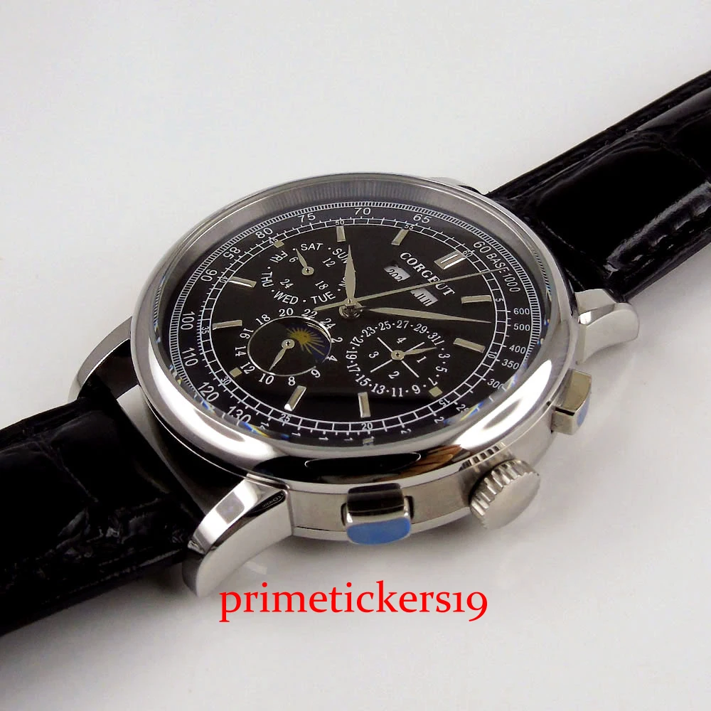 CORGEUT 42mm black/white colors watch dial day week function leather strap automatic watch men gift