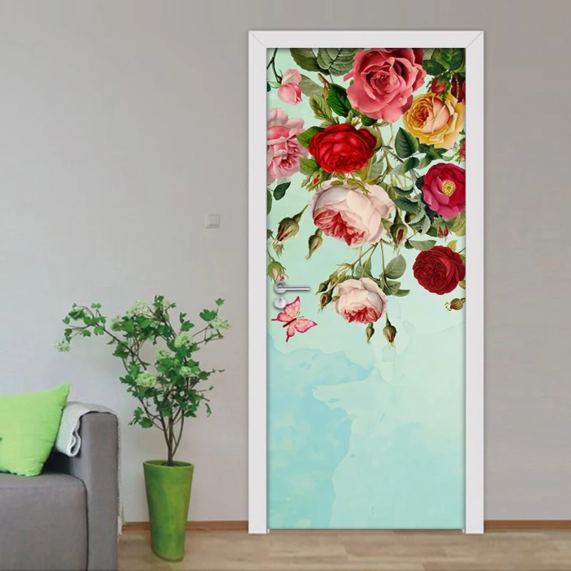 

3D Beautiful Flowers Butterfly Door Sticker For Living Room Bedroom DIY PVC Self Adhesive Wallpaper Waterproof Mural Wall Decals