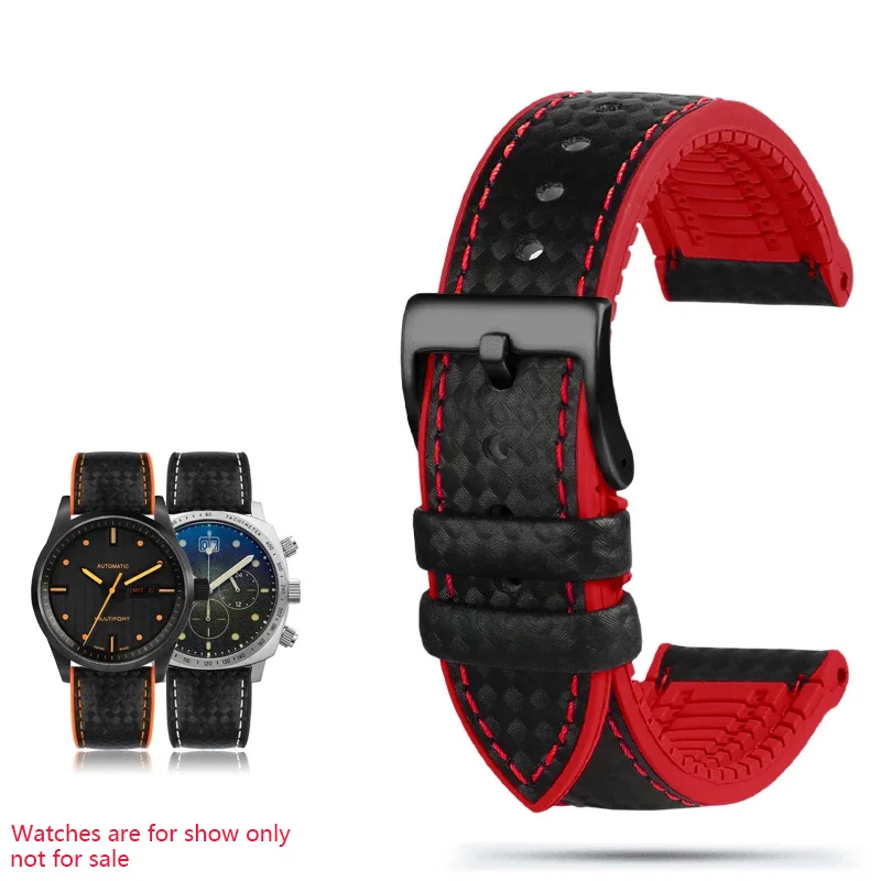 20mm 22mm for Fossil WatchBand Carbon Fibre Rubber Strap for Mido T-issot Stainless Steel Clasp Waterproof Sport Watch Chain