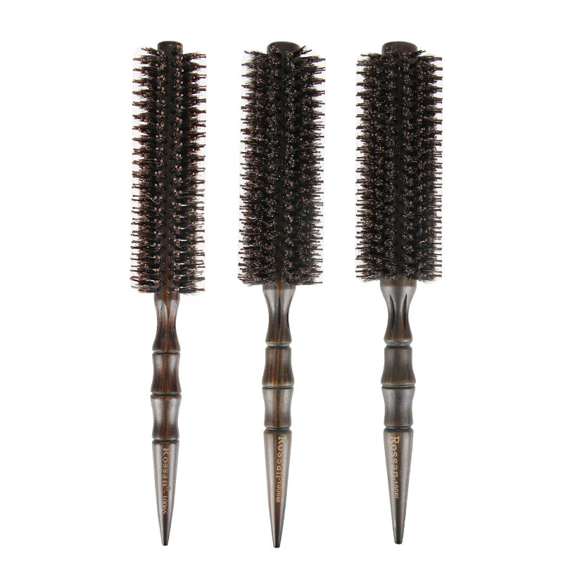 3 Sizes Barber Salon Natural Boar Bristle Comb Wood Handle Sharp Tail Hair Rolling Hairbrush Round Barrel Blowing Hair Comb 1601