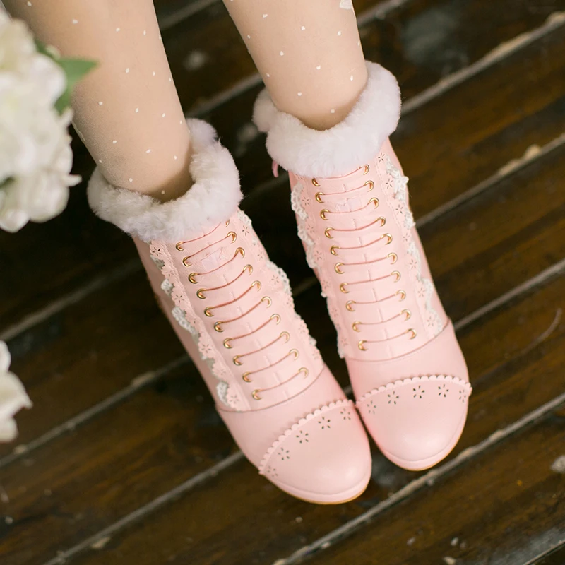 Winter ladies Japanese Sweet lolita shoes cosplay shoes women Plus velvet PU   Boots Princess  shoes