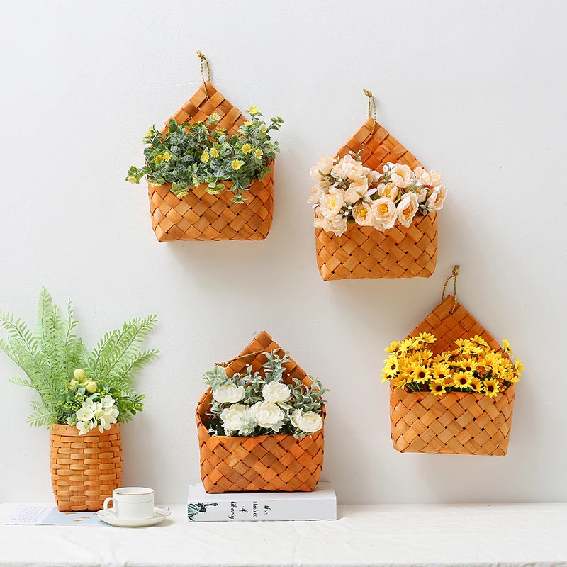 Storage Basket Wall Hanging Natural Wicker Flower Basket Rattan Flower Pot Home Garden Wall Decoration Container