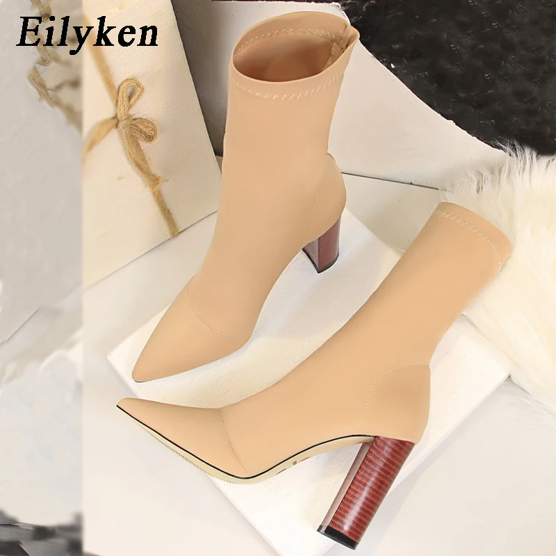 Eilyken Autumn Winter Comfort Stretch Sock Women Ankle Boots Fashion Square High Heel Pointed Toe Banquet Female Shoes