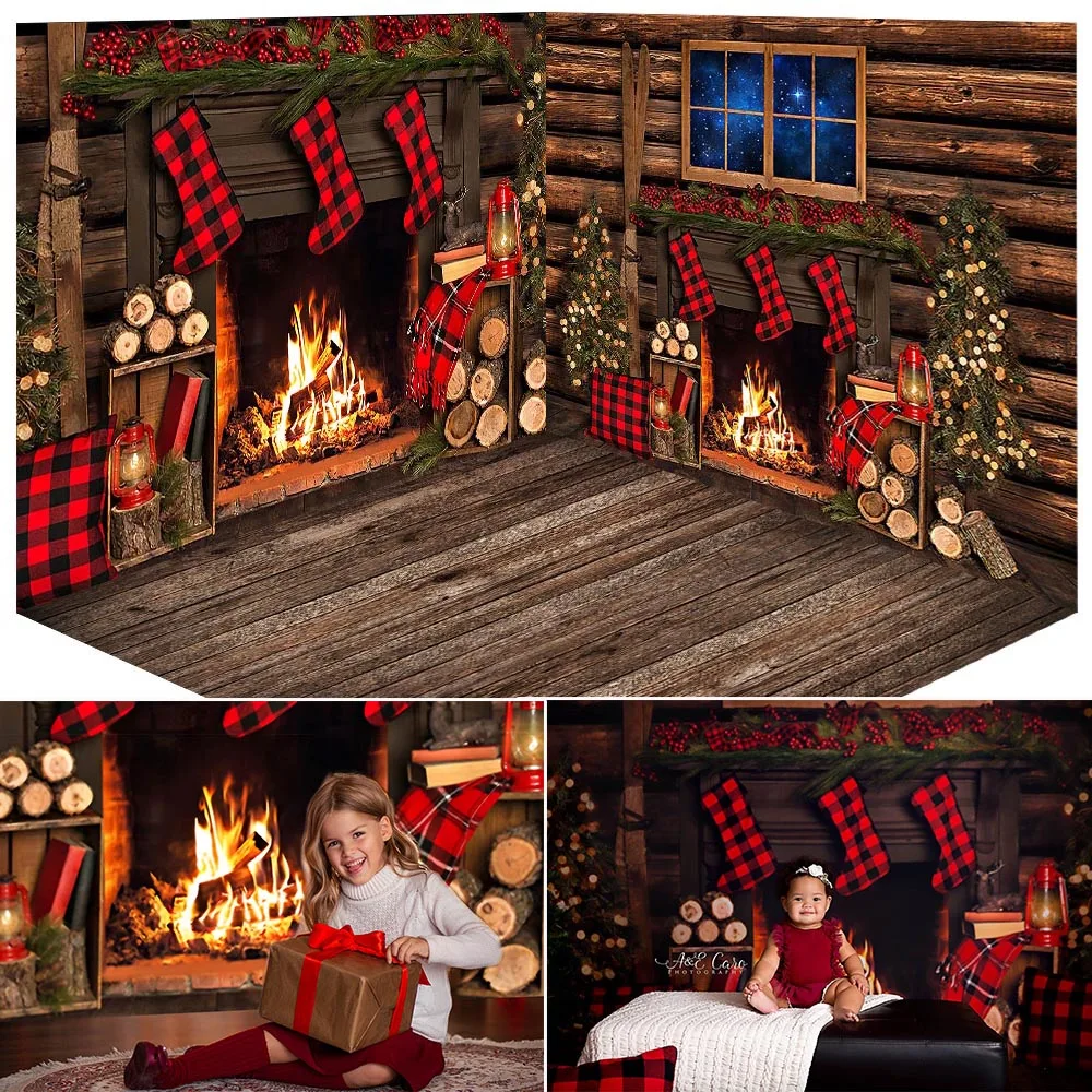 Christmas Rustic Fireplace Room Background Red Socks Wood Window Portrait Backdrop Photography Winter Xmas Photography Studio