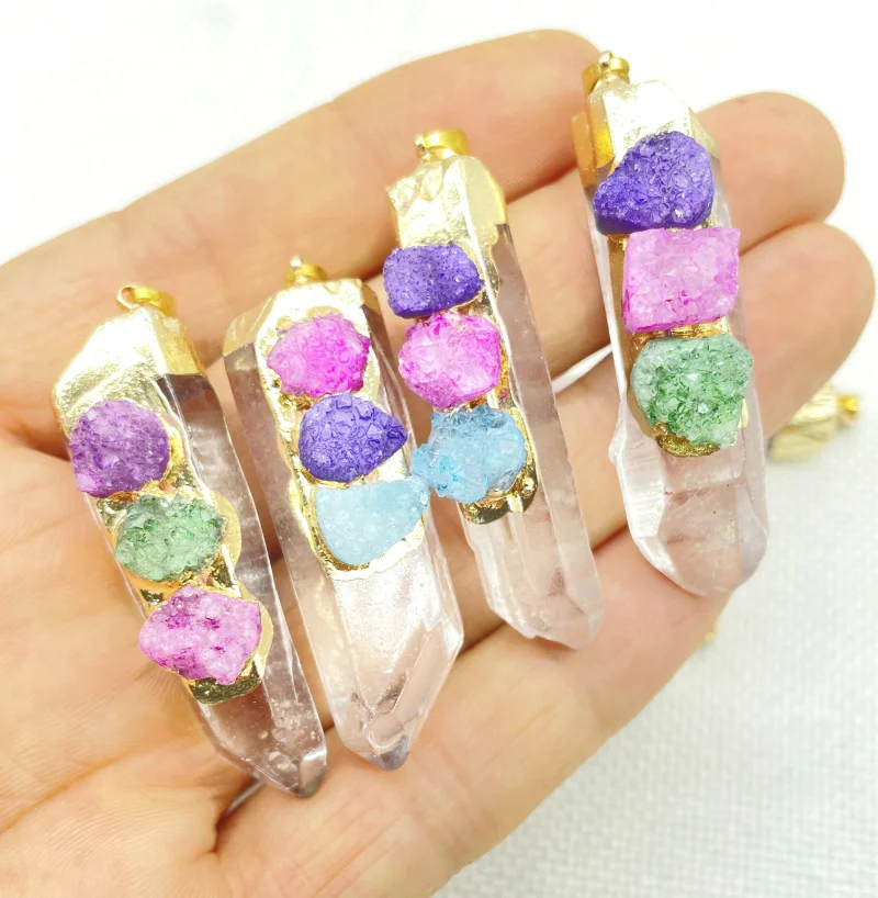 Natural Stone Quartz Crystal column Color plating Stone Raw Selenite Stick Wand Pendant For Jewelry Making Reiki Balancing 4Pcs