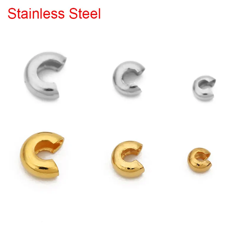 50pcs Round Stainless Steel End Crimp Beads Cover 3mm 4mm 5mm Gold Color Spacer Stopper Beads For Necklace DIY Jewelry Making