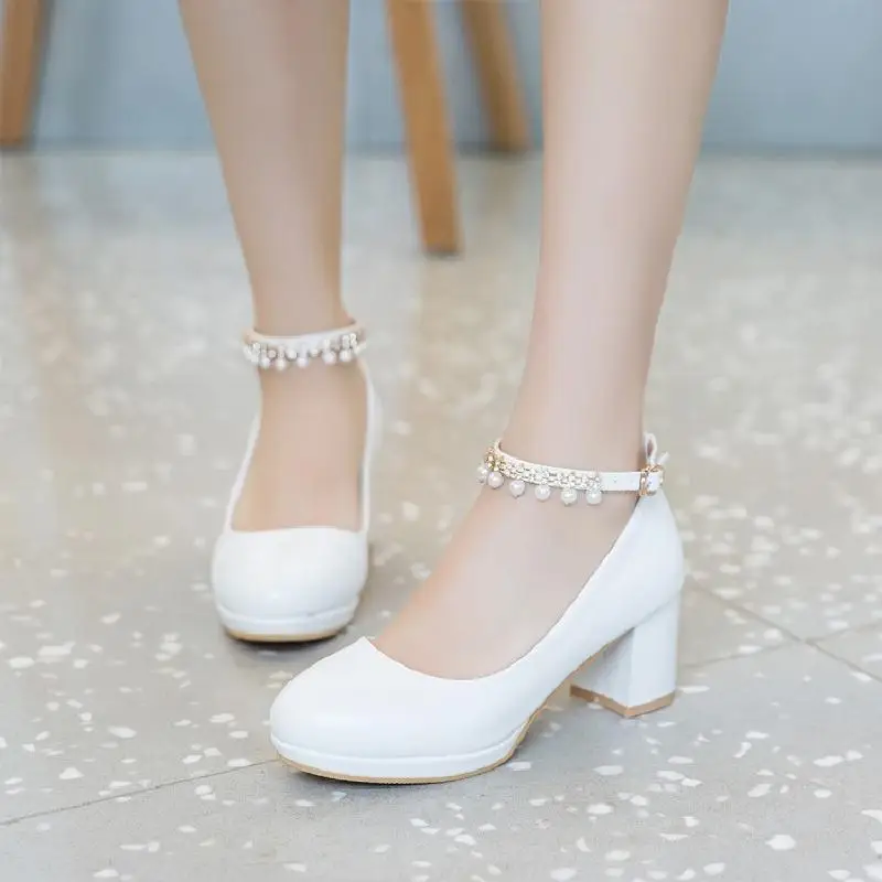 White Women Wedding Shoes Crystal Preal Ankle Strap Bridal Shoes Woman Dress Shoes Sexy Pumps Sweet Party Shoes