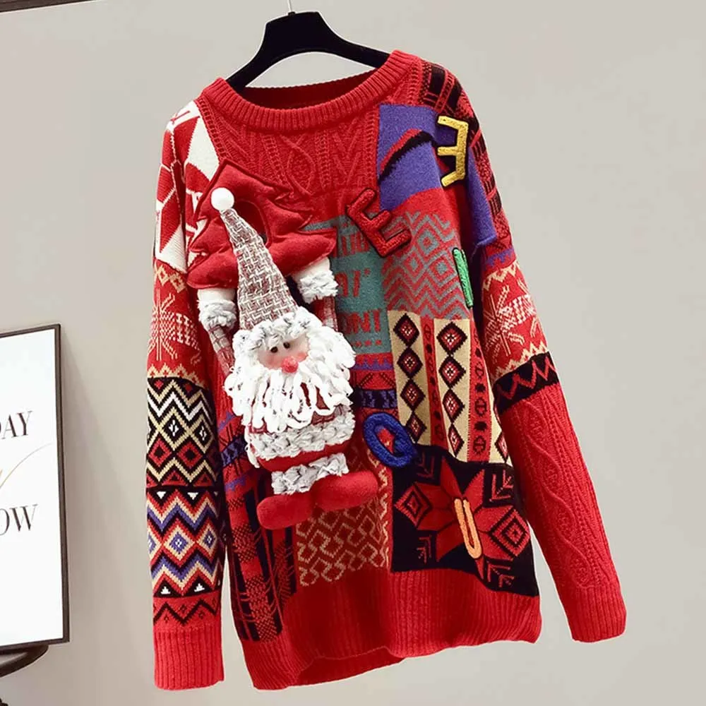 Women\'s Christmas Sweaters Cartoon Appliques Red Knit Pullovers Long Sleeve Autumn Winter Casual Loose Outerwear Sweater