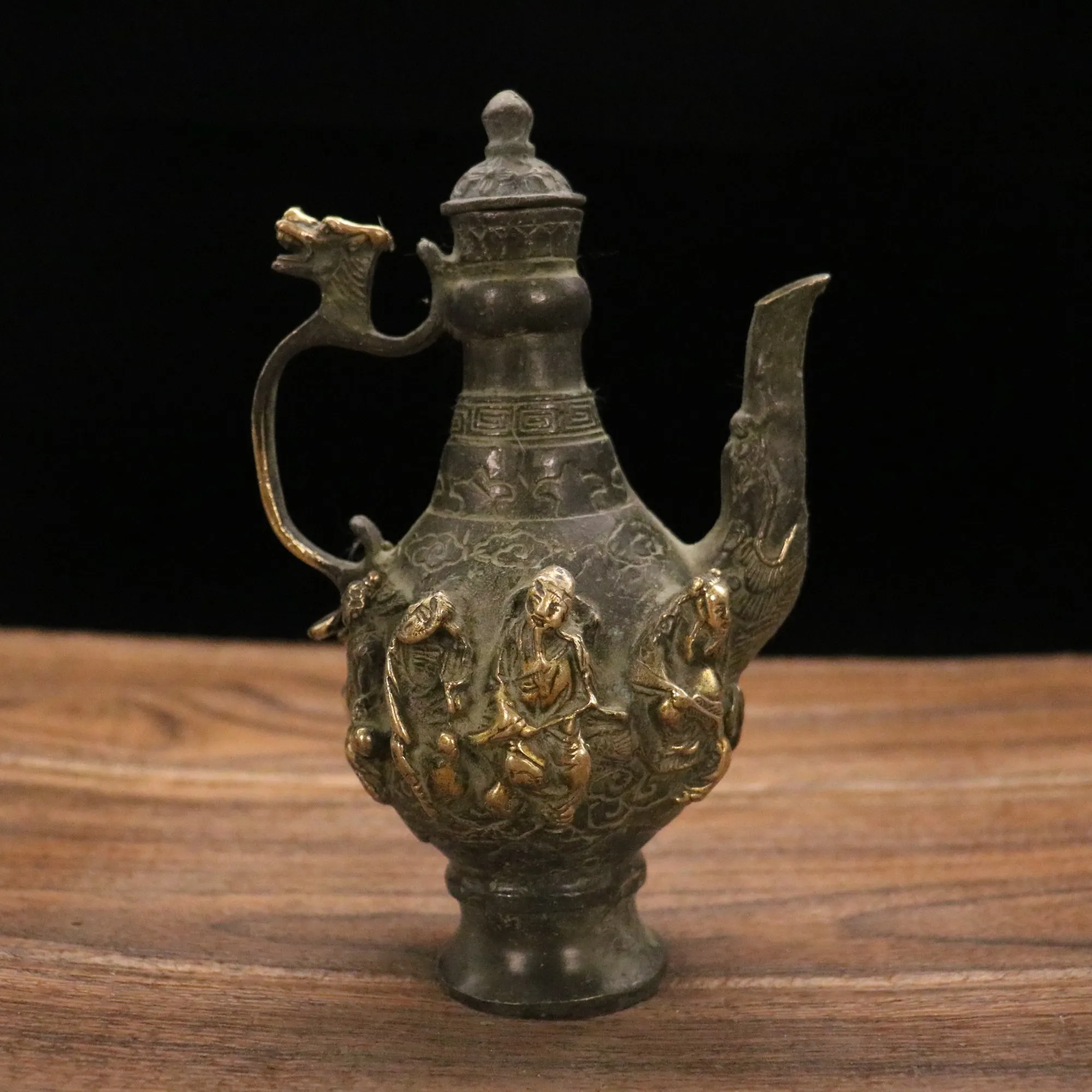 

7"Tibetan Temple Collection Old Brass Gilded Eight Immortals Pot Teapot Kettle Flagon Office Ornaments Town House Exorcism