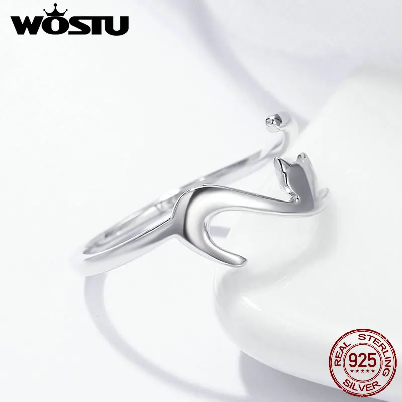 WOSTU 100% Real 925 Sterling Silver Cute Cat Finger Adjustable Rings for Women Band Rings Party Jewelry Gift DXR341