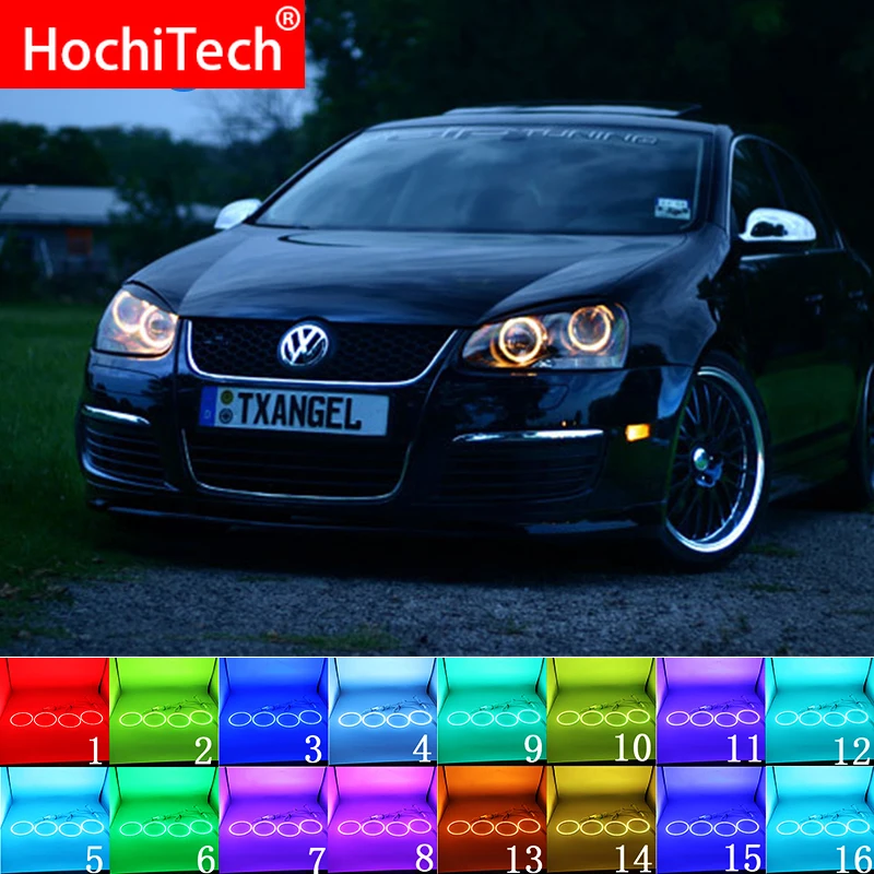 Anillo de ojos de ángel LED multicolor, RGB, Halo, DRL, RF, remoto para VOLKSWAGEN, VW, Golf 5, Rabbit, Jetta, R32 V, Mk5, 2004-2009, accesorios