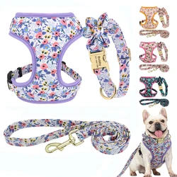 Personalized Dog Collar Leash Harness Set Nylon Small Large Dogs ID Collars Pet Vest Harness Lead Belt Rope Flower Accessories