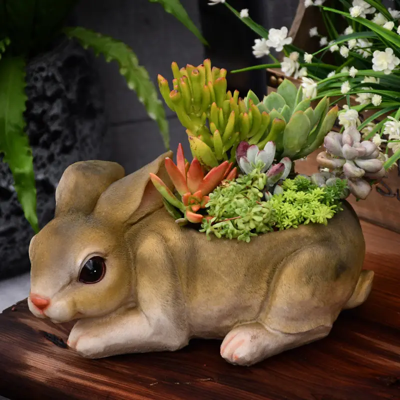 Pastoral Cute Simulation Animal Rabbit Succulent Flower Pot Resin Ornaments Outdoor Garden Figurines Crafts Park Decoration Art