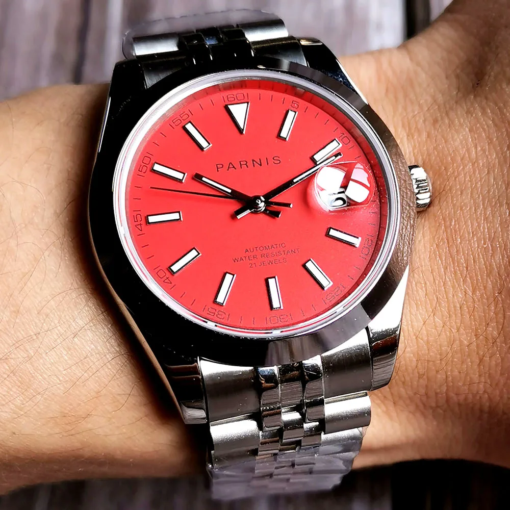 

Parnis 39mm sapphire Red dial sapphire date Miyota 8215 Automatic movement Men's Watch