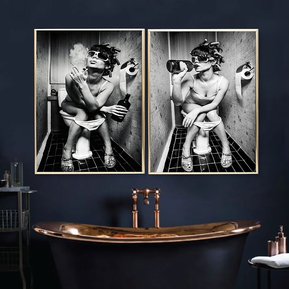 

Sexy Woman Sitting On The Toilet Smoking Poster Black And White Style Mural Home Art Wall Painting Bathroom Decoration Painting