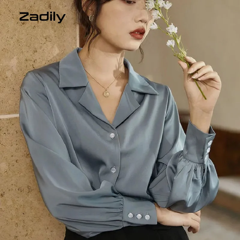 

Zadily Chic Office Lady Puff Long Sleeve Satin Shirt Women Button Notched Collar Solid Blouse 2021 Autumn Work Female Clothing