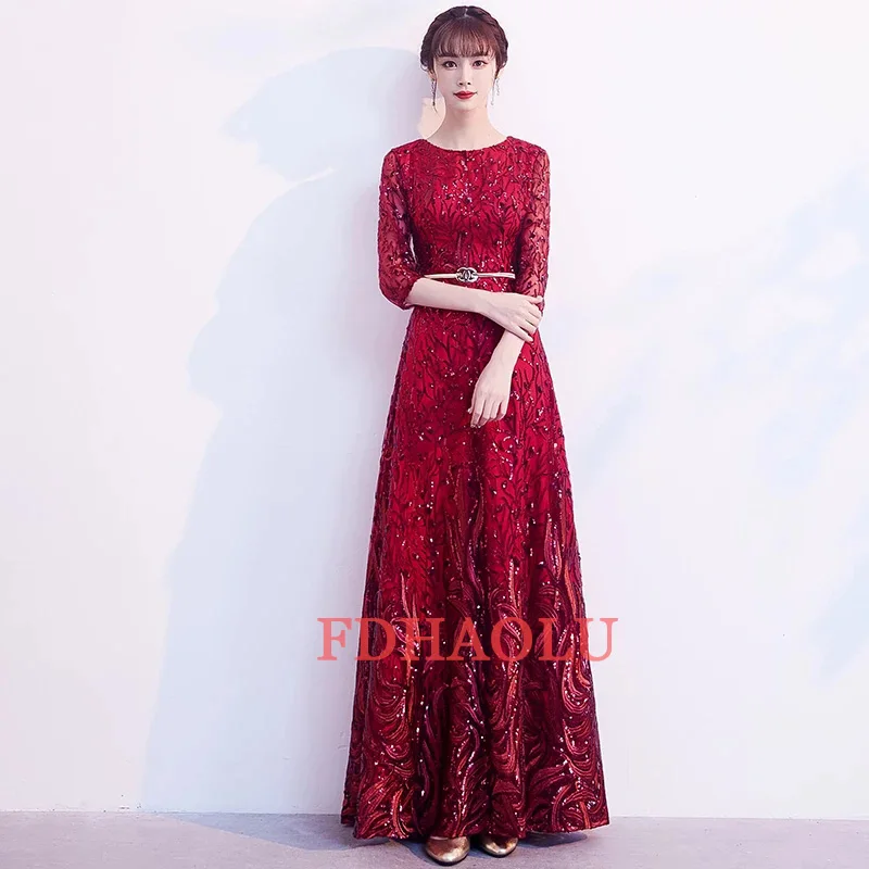 Customized FDHAOLU FU107 New Luxury Sequins Evening Dress Banquet Elegant Gold Half Sleeved Party Prom Gown Robe De Soiree