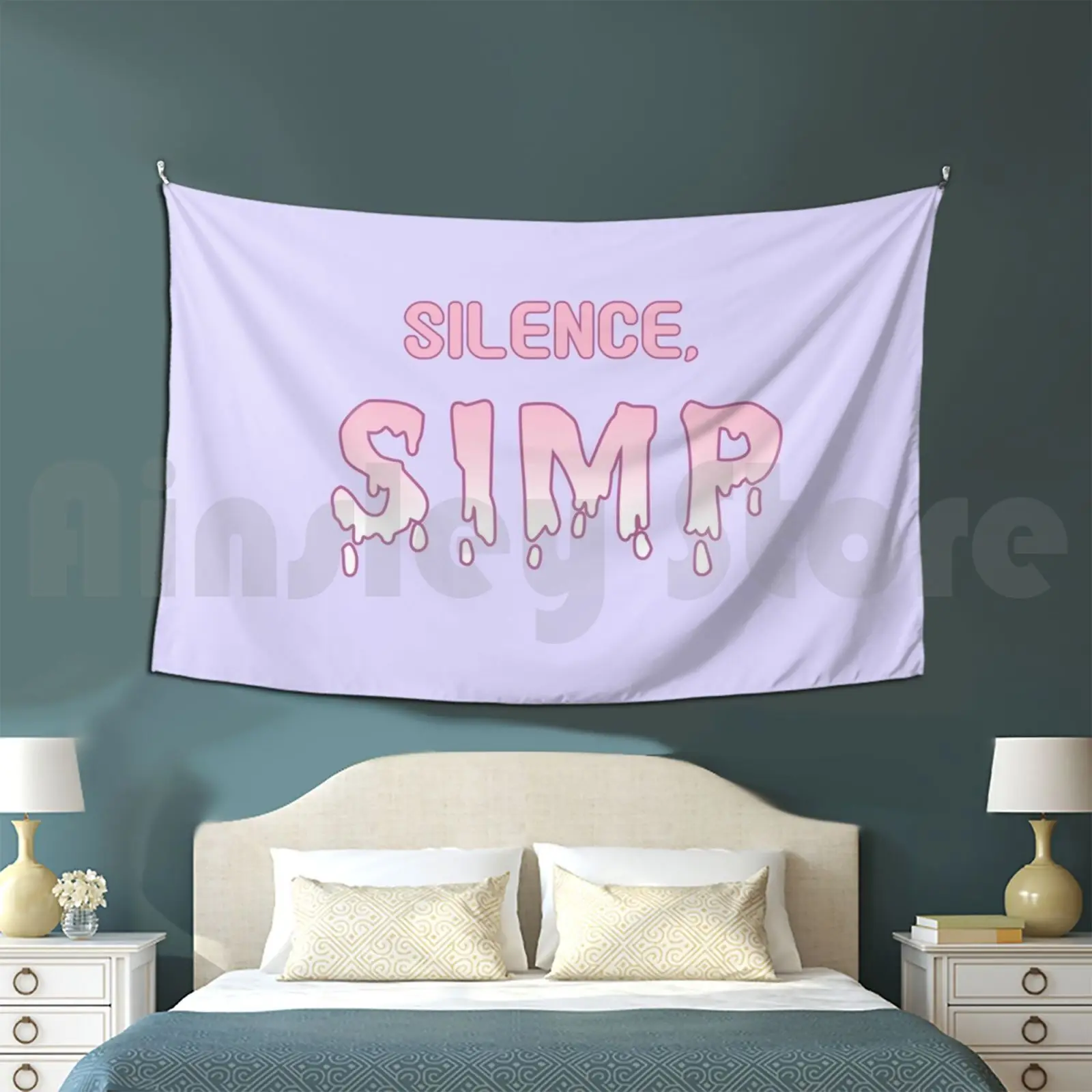 Silence , Simp Tapestry Living Room Bedroom Simp E Girl Pastel Pastel Goth Pink Pastel Punk Creepy Cute