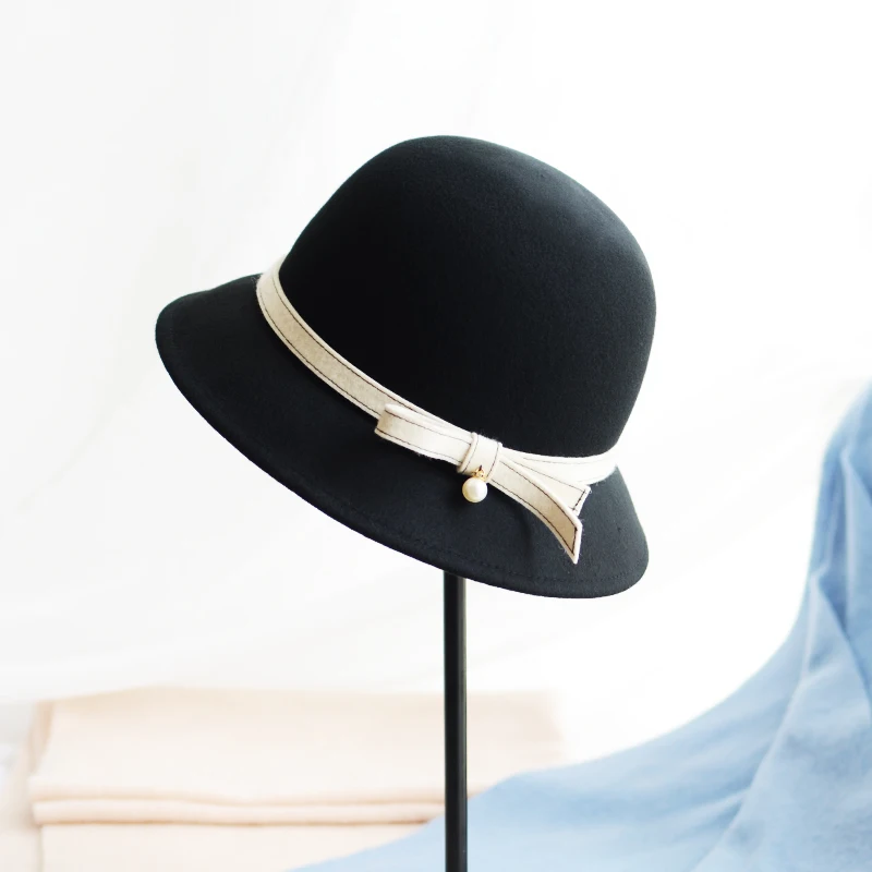 H285 Women Autumn Winter Fedoras Hat Ladies Fashion Wool Elegant Cap Female Simple Sweet All-match Bowknot Short Eave Party Hats