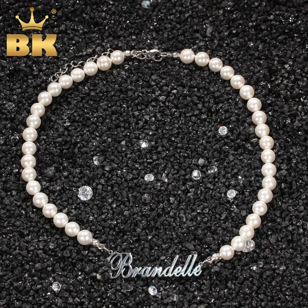 

The Bling King Round Pearl Necklace DIY Art Font Stainless Steel Nameplate Pendant for Women Vintage Necklace Birthday Gift