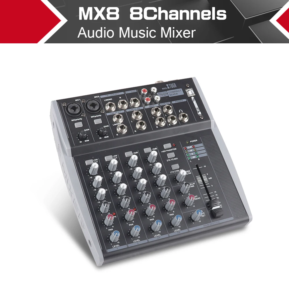 XTUGA 8 Canali 3-Band EQ Mixer Audio Mixing Console con USB XLR LINEA di Ingresso 48V Phantom Power per La Registrazione DJ Della Fase