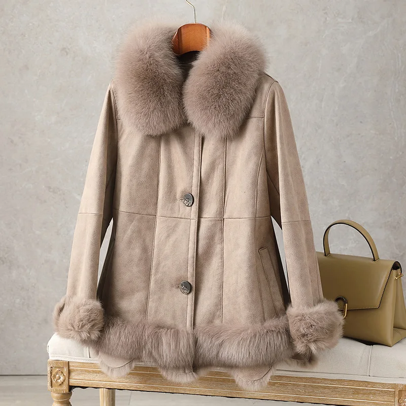 2021 New Whole Skin Rabbit Fur Overcoat one piece Double Face Fur Jacket Female Short Fox Fur Collar Coat Fashion Winter Warm