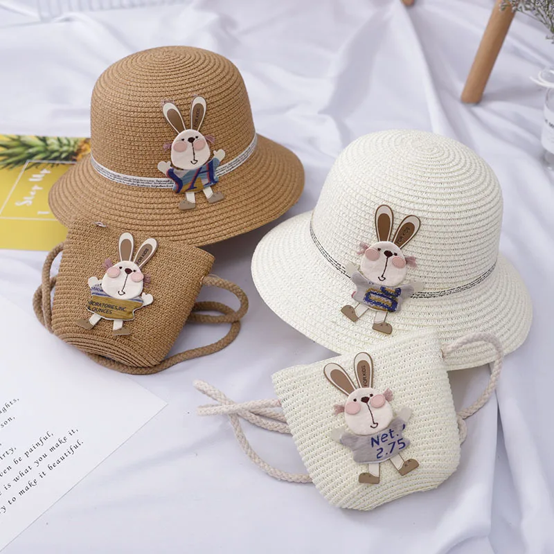 Sombrero de paja transpirable para niña, conjunto de bolso, gorra de sombrero para sol Panamá para bebé, Gorros para niños, bolsos de hombro con
