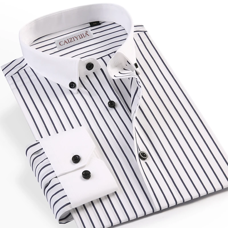 Contrast Collar and Cuff Men\'s Vertical Striped Dress Shirts Pocketless Casual Long Sleeve Button-down Non Iron Cotton Shirt