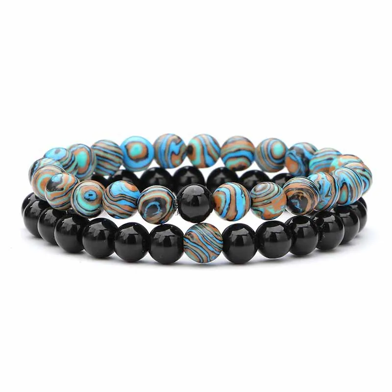 2-teiliges Set aus Naturstein-Armbändern für Paare, klassisches schwarzes, mattes, blaues Malachit-Armband, geeignet für Männer und Frauen, bestes