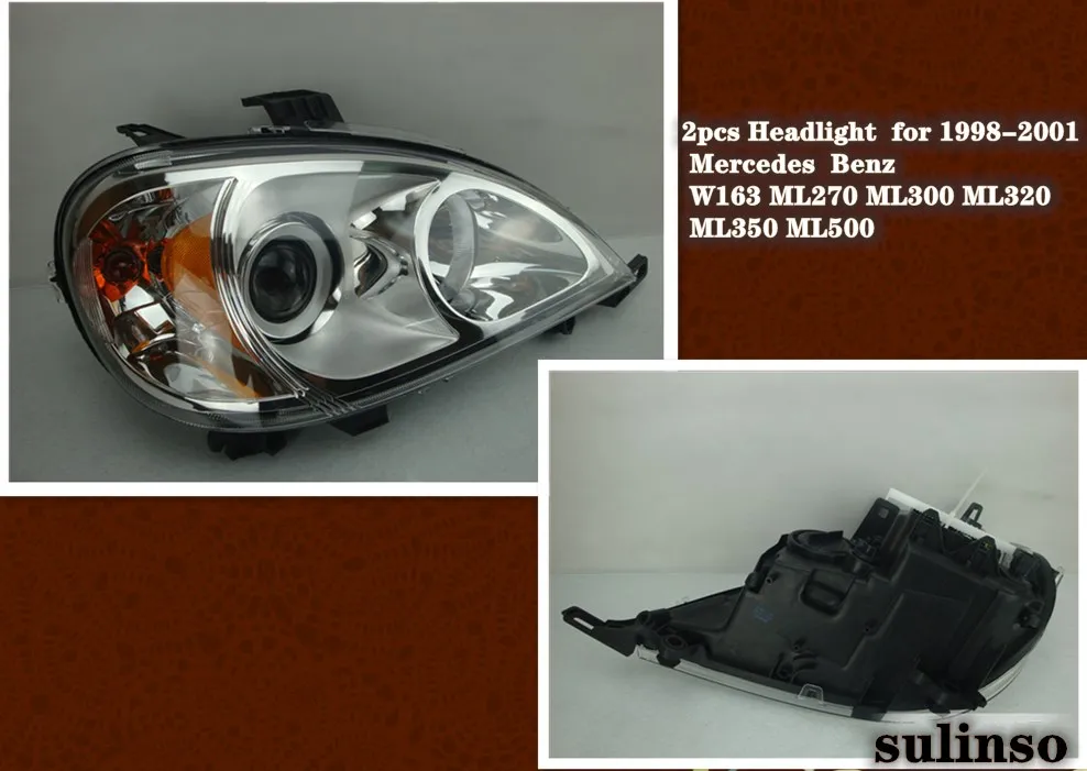 Sulinso For 1998-2005 Benz W163 ML270 ML300 ML320 ML350 ML500 Accessories  Chrome Housing Headlights Headlamps Left+Right