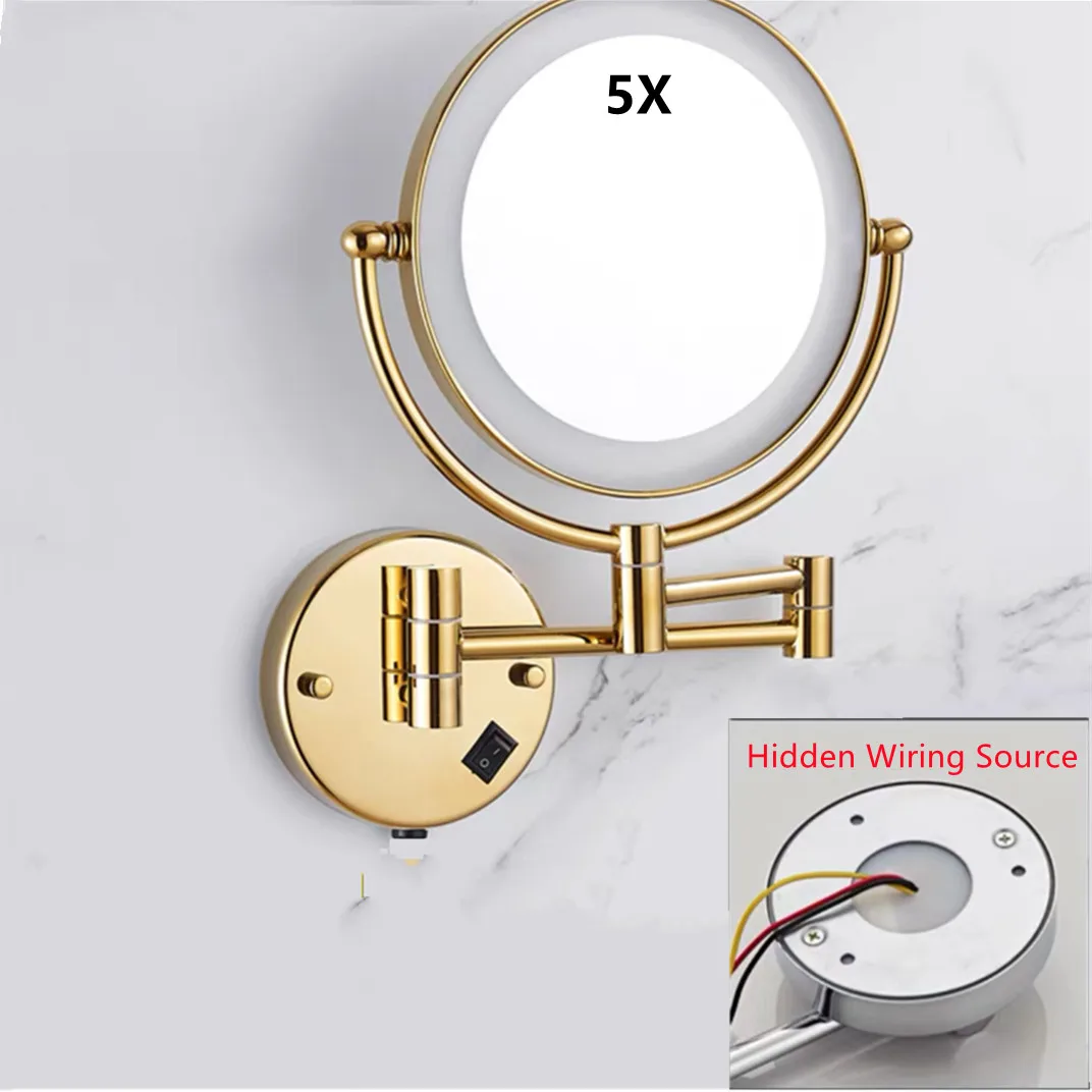 Imagem -04 - Espelhos Redondos de Maquiagem com Led Espelho Cosmético Ouro Zircônio Latão Lado Duplo Lâmpada de Parede Ampliação x x 10 x Estendendo Dobrável