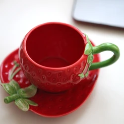 Cute Red Strawberry Coffee Ceramic Mug Cup With Tray Milk Mugs Tea Cup