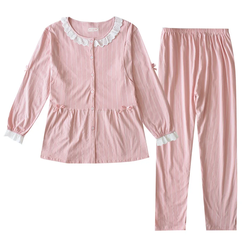 Sweet Maternity Nursing Nightwear Pink Cotton Breastfeeding Sleepwear For Pregnant Women Autumn Pregnancy Pajamas Night Wear Set