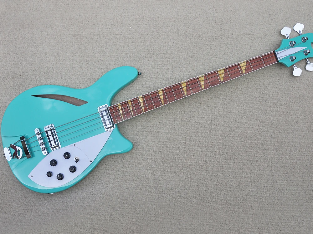 

4 Strings Blue Semi-hollow Electric Bass Guitar with Yellow Pearled Inlay,Rosewood Fretboard