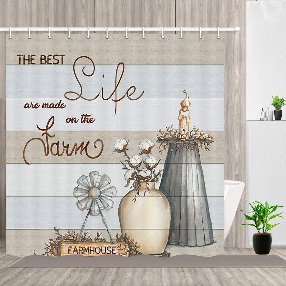 Farmhouse Shower Curtain, The Best Life Windmill and Cotton Flower Pot Candlestick Fabric Shower Curtain