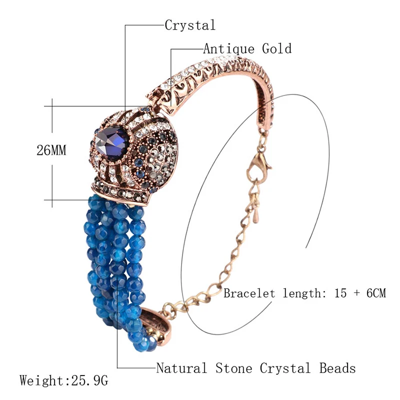 Kinel Natural Stone Bracelet Vintage Crystal Antique Bracelets For Women Gold Color Party Christmas Gift Turkish Jewelry