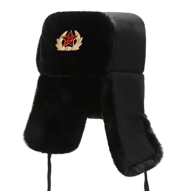 CAMOLAND High Quality Warm Faux Fur Bomber Hats Women Men Soviet Badge Russia Ushanka Pilot Hat Windproof Earflap Cap Skiing Cap