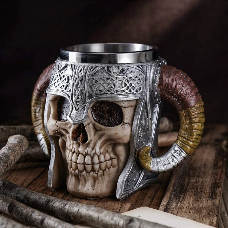 

600ml Viking Skull Mug Stainless Steel Coffee Mugs Travel Cup Horn Drinking Tea Mug Halloween Mug Decoration Ceramic Tiki Mug