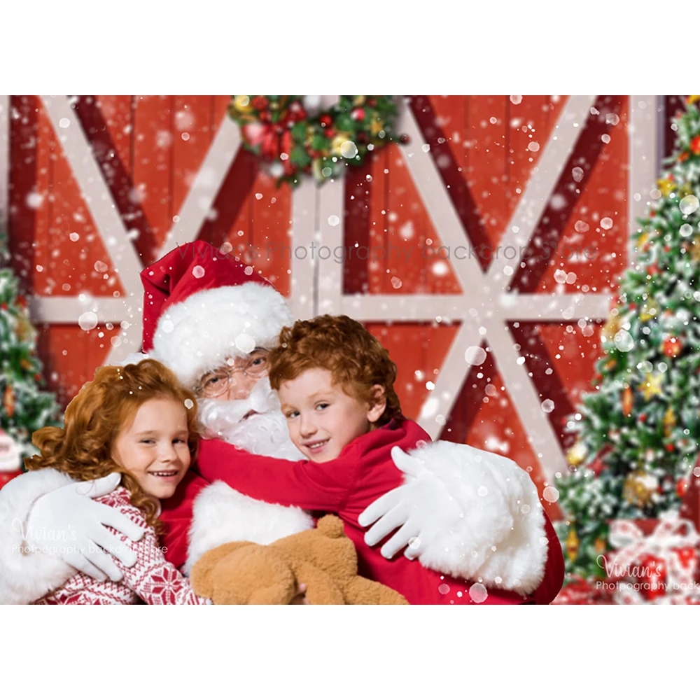 Red Wood Door Photography Backdrop Kids Christmas Portrait Family Photo Gift Box Decor Child Baby Snowy Scene Tree Photostudio